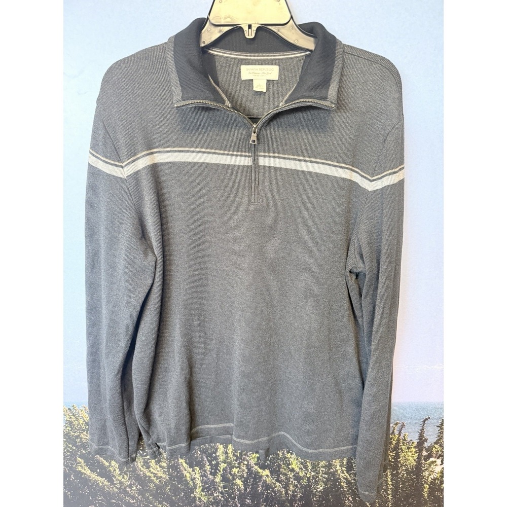 Banana Republic Sweater Large Black Gray Stripe 1/4 Zip Cotton Blend